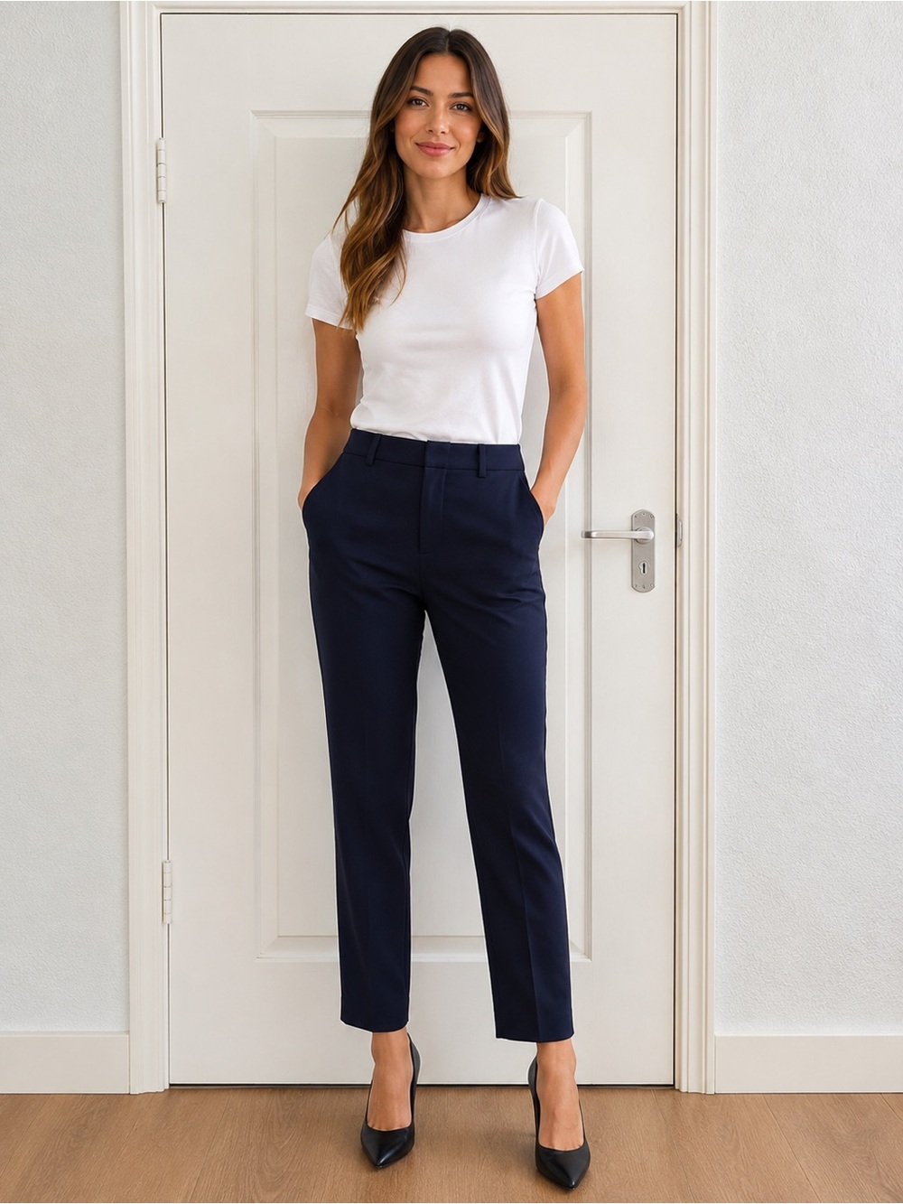 INIQLO Women's Classic Navy Tailored Pull-On Pants Elastic Waistband Side Pocket